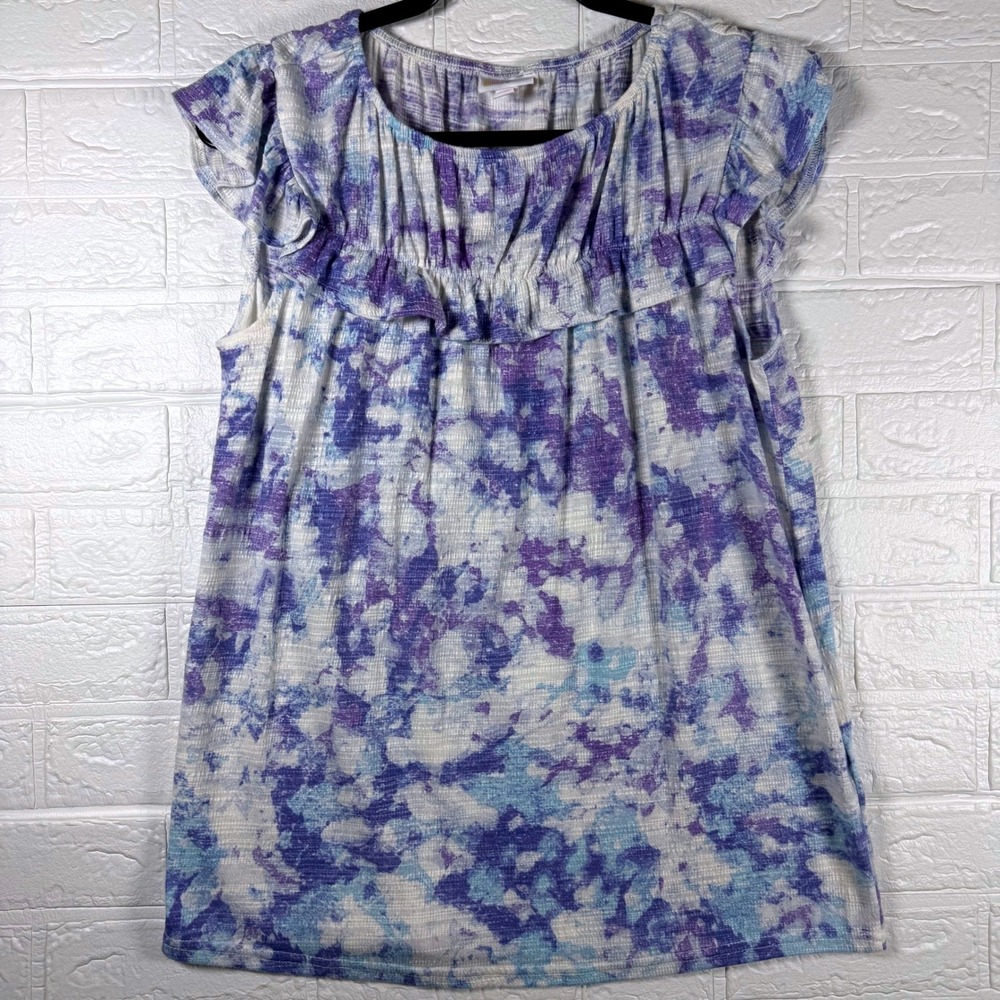 LuLaRoe Top Women Small Blue Purple Tie Dye Ruffle Flutter Sleeve Scoop Neck
